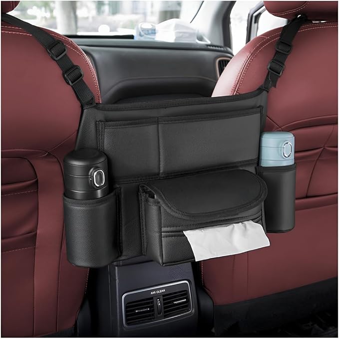 Car Handbag Holder Between Seats, Leather Large Capacity Vehicle Front Seat Storage Bag with Tissue Holder, Multi-Pocket Automotive Console Organizer, Universal for SUV RV Truck (Style1)