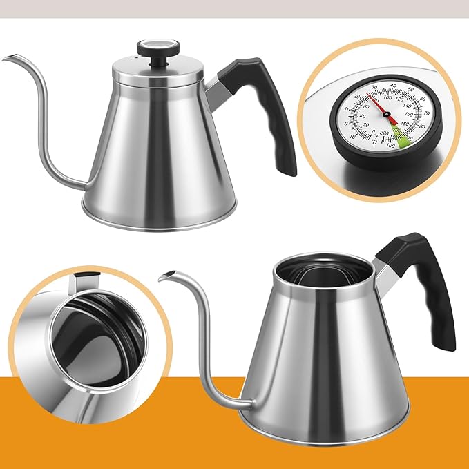 2 Pack 40 oz Gooseneck Kettle with Thermometer Stainless Steel Pour over Coffee Kettle Precision Drip Spout for Stovetop Home Kitchen Camping(Silver)