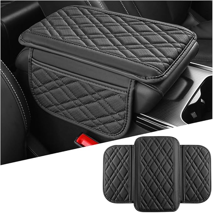 Mandark Car Center Console Cover, 2PCS Leather Vehicle Arm Rest Cushion with 2 Storage Bags, Automotive Armrest Interior Seat Box Pad Accessories, Universal for SUV, Sedan, Truck (Black)