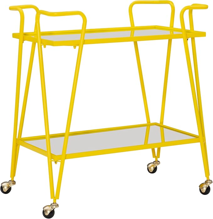 Gina Yellow Mid Century Bar Cart with Mirrored Shelves by Linon