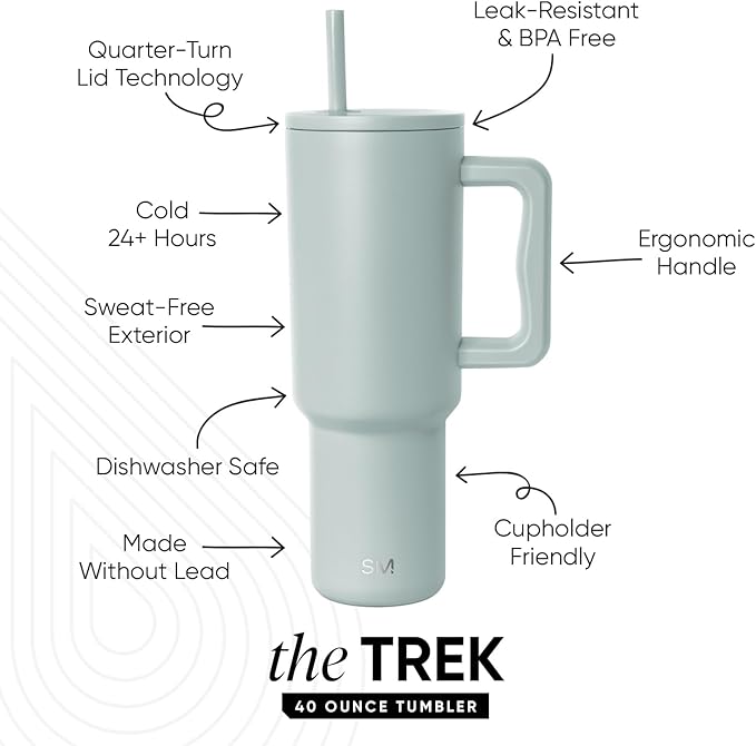Simple Modern 40 oz Trek Tumbler with Handle and Straw Lid | Cup Holder Friendly Insulated Stainless Steel Travel Mug | Sea Glass Sage