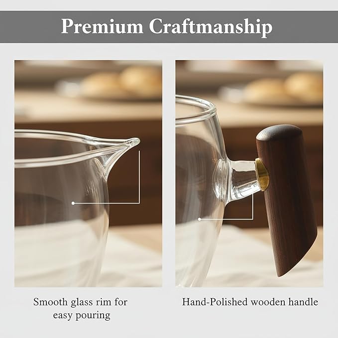 Small Glass Creamer Pitcher Set of 2, Elegant Spherical Transparent Creamer Pitcher for Coffee, Milk, Tea, 12 oz Milk Frothing Cup Creamer Jug for Coffee shop, Home and Kitchen, Wooden handle