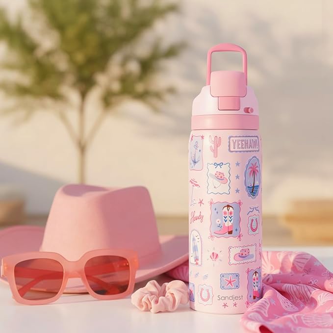 Coastal Cowgirl Stainless Steel Water Bottle, Vacuum Insulated, Push-Button Lid, 32 oz, Gifts for Women Girls Friends Teens Birthday Christmas