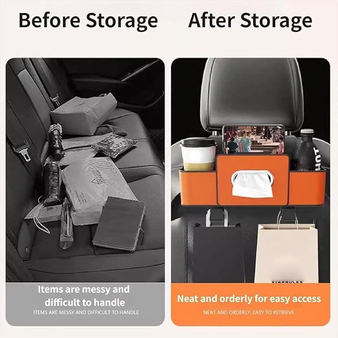3-in-1 Car Backseat Organizer, Car Organizers and Storage Box with 2 Cup Holders & 4 Hooks, Multifunctional Car Seat Back Storage Box with Tissue Box, for Phone, Snacks, Drinks, Handbag (Brown, 2PCS)