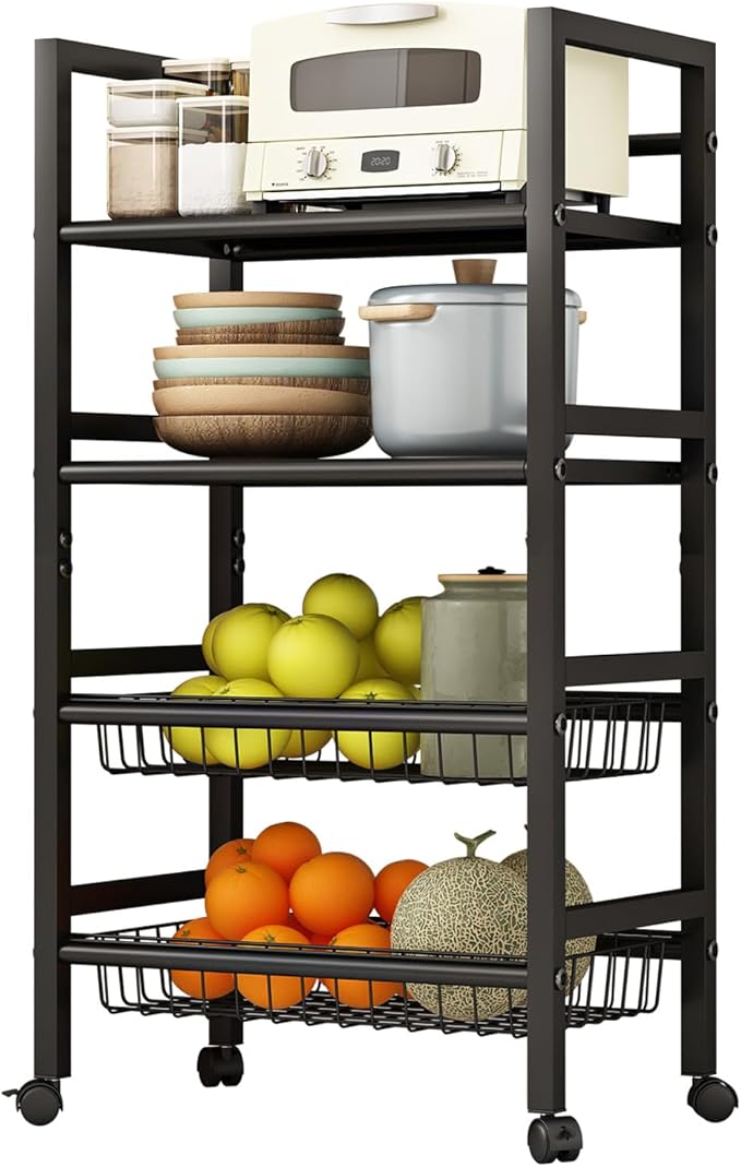 4-Tier Metal Rolling Cart with Removable Grid Shelves, Lockable Wheels & Handle for Kitchen, Bathroom, Office Storage, Black (Medium)