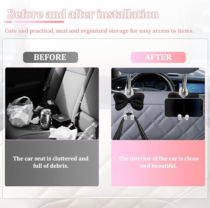 Car Seat Headrest Hook, 2PCS Elegant Bow Pearl Cute Vehicle Back Seat Hanger Hook, Automotive Headrest Storage Organizer for Handbag Purse Coat, Universal for SUV RV Truck (Black)