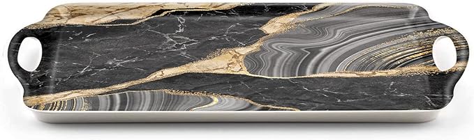 Serving Tray Decorative Tray with Handles Multi-Purpose Rectangular Serving Trays for Restaurant, Parties, Coffee Table, Kitchen - Black and Gold Marble Pattern