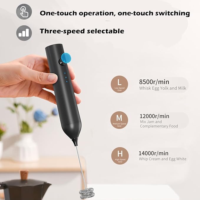 Rechargeable Milk Frother Wand with Stand-Electric Whisk 3 Speed Adjustable,Drink Mixer Handheld with 2 Stainless steel Stirrers,Hand Coffee Frother for Lattes Cappuccino Protein Powder Egg