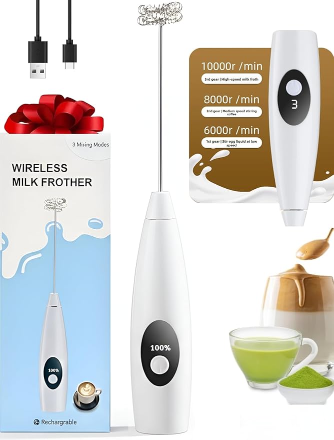 Digital Display Rechargeable Milk Frother Handheld, Frother Wand Mixer with Battery and Speed Indicator for Coffee, Latte, Cappuccino, Frappe Drink, Hot Chocolate White