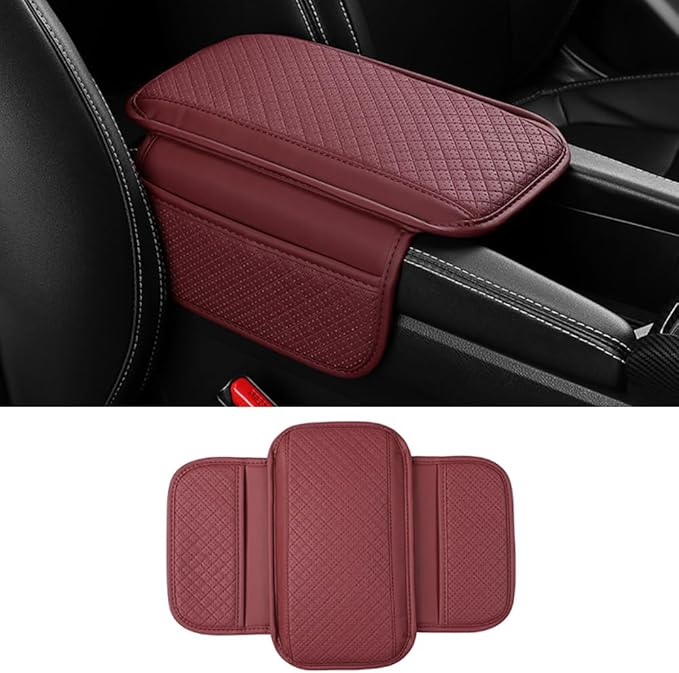 Upgraded Car Center Console Cover,Microfiber Leather Car Armrest Cover Cushion with 2 Storage Bags,Universal Car Armrest Storage Box Car Interior Accessories for Most Vehicles (Wine red)
