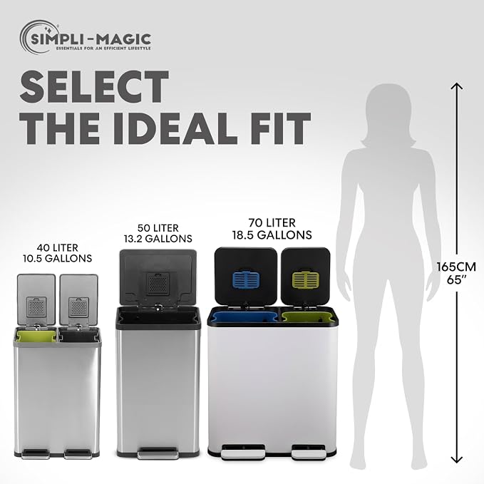 Simpli-Magic 70 Liter / 18.5 Gallon Rectangular Hands-Free Dual Compartment Recycling Kitchen Step Trash Can with Soft-Close Single Lid, Stainless Steel (40L x 30L Capacity), White