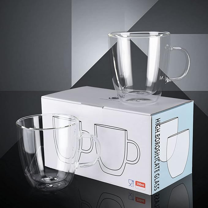 Double Wall Glass Coffee Mugs 350ml / 12oz – Set of 2 Insulated Clear Cups for Espresso, Latte, Cappuccino, Tea, Hot or Cold Drinks (12oz set of 2)