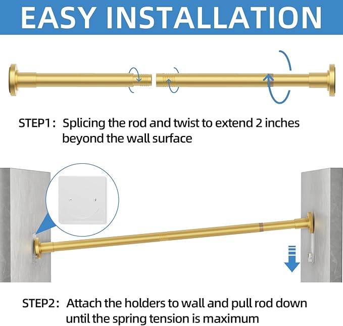 CorkLatta Gold Shower Curtain Rod,1 Inch Diameter Stainless Steel Adjustable Spring Tension Rods 32 to 80",with Holders,Anti-Slip,Curtain Rods No Drilling(1 Pack)