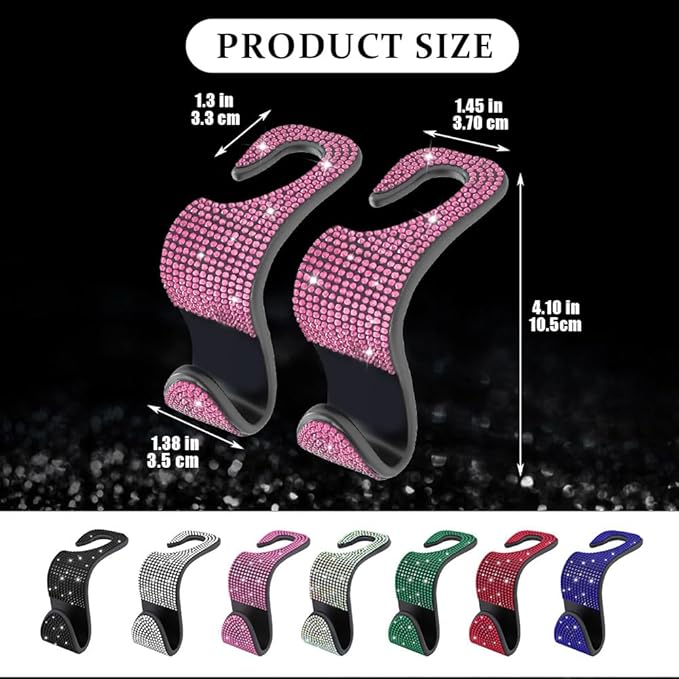2PCS Car Seat Hooks, Purse Hook for Car, Crystal Rhinestone Vehicle Backseat Purse Holder, Auto Accessories Diamond Auto Seatback Storage Organizer Hanger for Handbag Clothes Purse (Pink)