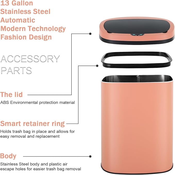 13 Gallon Stainless Steel Trash Can Automatic Trash Can Garbage Can Bathroom Garbage Can with Lid for Kitchen Living Room Office Bathroom, Electronic Motion Sensor Automatic, Pink