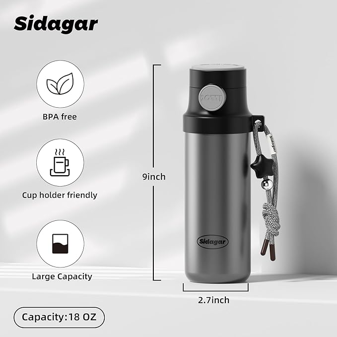 18 oz Insulated Water Bottle, Stainless Steel Travel Mug with Lid, Double Wall Vacuum Sports Water Bottle, BPA Free, Leak-Proof, Fits in Car Cup Holder, Great for Men Kid School, Black
