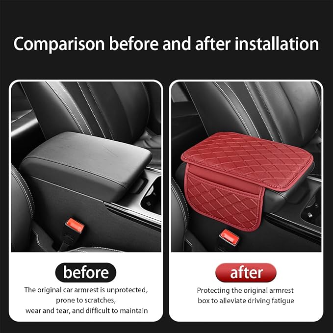 Car Center Console Cover, Leather Vehicle Armrest Pad with 2 Side Storage Bags, Comfortable Auto Interior Middle Console Storage Box Cushion Accessories, Universal for Most Cars (Red)