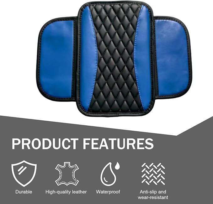Car Center Console Cover, Patchwork Leather Armrest Cover Cushion with 2 Storage Bag, Waterproof Comfortable Auto Arm Rest Pad, Universal Center Console Protector for Sedan, SUV (Blue)