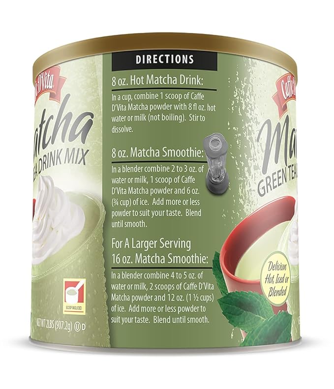 Caffe D'Vita Matcha Green Tea Drink Mix - Japanese Matcha Green Tea Powder, Gluten Free, Low Fat, No Cholesterol, No Hydrogenated Oils, No Trans Fat, Kosher-Dairy, Green Matcha Tea Powder - 2 Lb Can