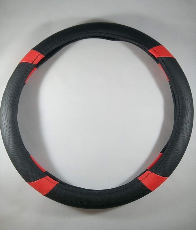 Jdragon Black & Red PU Leather Best Grip Slip-On Steering Wheel Cover 14.25-15" Diameter