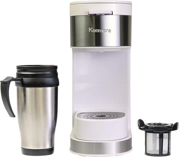 Kenmore Single Serve Coffee Maker – Compatible with Keurig K‑Cup Pods & Ground Coffee, One Cup Brewer, 6–14 Oz Brew Sizes, Travel Mug Friendly, Auto Shut‑Off, Hot & Iced Maquina de cafe, White