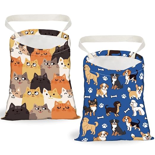 2PCS Cute Funny Cat Dog Print Car Trash Bag Portable Hanging Garbage Bag with Snap Buttons Back Seat Rubbish Storage Dustbin for Women Man Car Interior Accessories Kitchen Home Travel