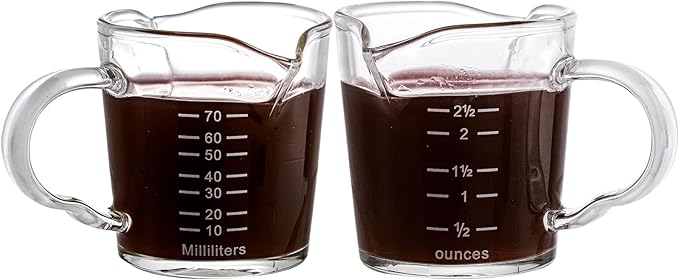 Hacaroa 4 Pack Double Spouts Measuring Cups Espresso Shot Glass with Handle, 2.5 Oz Mini Milk Triple Pitcher Barista Clear Graduated Cups for Coffee, Wine, Bar, Party