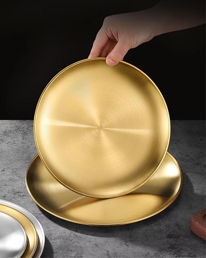 Serving Trays 7.9in Stainless Steel Decorative Tray Round Gold Tray for Kitchen Wedding Party Coffee Table Dishwasher Safe