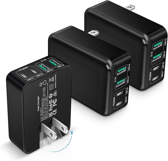 3-Pack USB C Fast Charger Block 40W 4-Port Flat USB C Wall Charger + 3-Pack 38W Dual Port PD + QC 3.0 USB C Car Charger