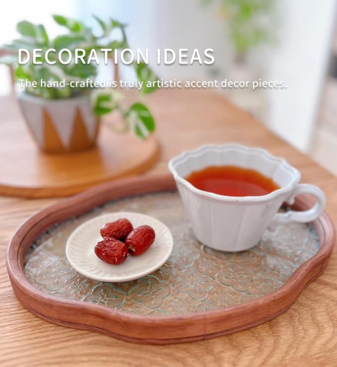 IwaiLoft Glass Serving Tray with The Crabapple Pattern Glass and Walnut for Kitchen Countertop Home Decor for Coffee Table, Also Suitable for Tea Coffee Decorative Trays (Clear,14.5" x 10" x 1")