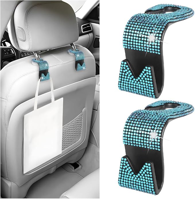Bling Car Seat Headrest Hooks, 2PCS Crystal Rhinestone Vehicle Backseat Purse Holder for Handbags Coats Umbrellas, Diamond Auto Back Seat Storage Organizer Hanger, Universal Fit (Blue)
