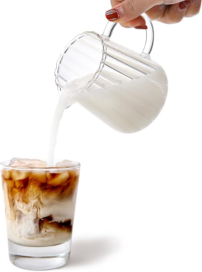 Yarlung 4 Pack Small Glass Pitcher, 8.5 Oz Clear Milk Creamer Pitcher with Handle, Creative Milk Frothing Coffee Pitcher for Table Serving, Salad Sauce