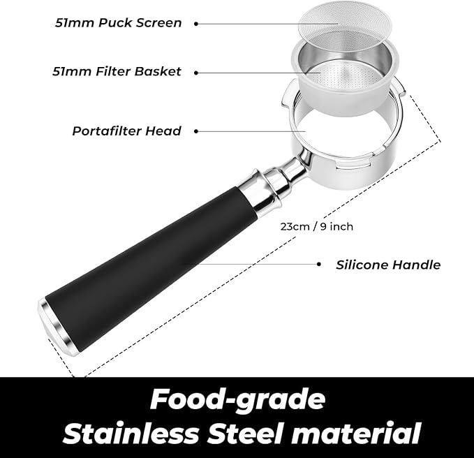 51mm Bottomless Portafilter 3 Ears Fits for Delonghi Dedica EC680/EC685/EC885 and SMEG, Includes Puck Screen, Double Shot Filter Basket