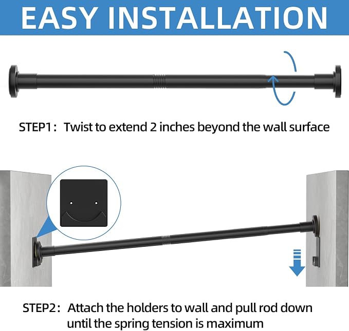 CorkLatta Matte Black Shower Curtain Rod,1 Inch Diameter Stainless Steel Adjustable Spring Tension Rods 32 to 92",with Holders,Anti-Slip,Curtain Rods No Drilling(1 Pack)