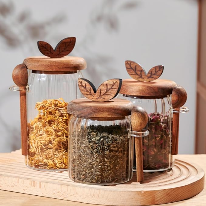 ANSQU Glass Jar with Wooden Lid and Spoon, Food Storage Containers Coffee Jar Coffee Grounds Container, 27oz Coffee Canister holds up to 8.5oz of Coffee Beans
