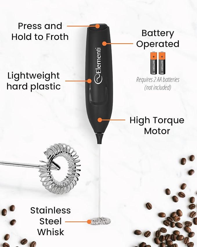 Elementi Powerful Frother Wand – Lightweight Milk Frother & Drink Mixer Handheld, Matcha Whisk for Dreamy Lattes, Powerful Coffee Mixer Wand & Blender Stirrer - Make Creamy Cappuccinos at Home (Black)