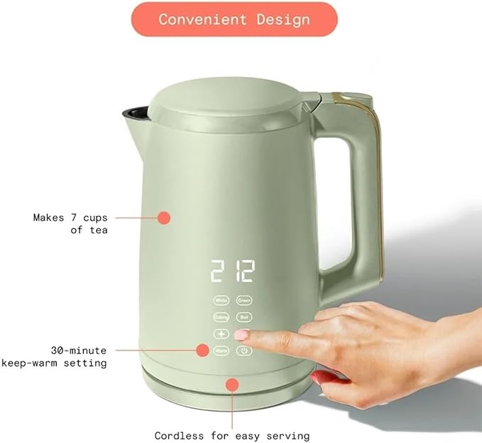 Electric Gooseneck Kettle 1 Liter 1200W, Stainless Steel, Pour Over Coffee Tea, Auto Shut-Off, 360° Cordless Power Base (Sage Green 1.7L)