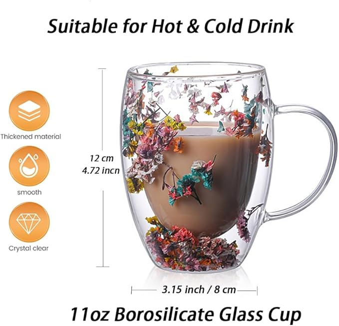 Double Glass Flower Tea Cup, Aesthetic Preserved Flower Cup, Cute Insulated Tea Cup with Handle, Heat Resistant & Lead-free Coffee Mugs, Gifts for Birthday Mother's Day, Perfect for Women Wife Mom (D)