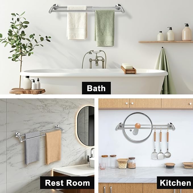 MGahyi Adjustable Double Towel Bar 14.5-24.8Inch, Matte Telescopic Stainless Steel Wall Mount Towel Holder, Rustproof Towel Rack for Bathroom Kitchen RV Laundry Hotel (Silver, Double-Bar)