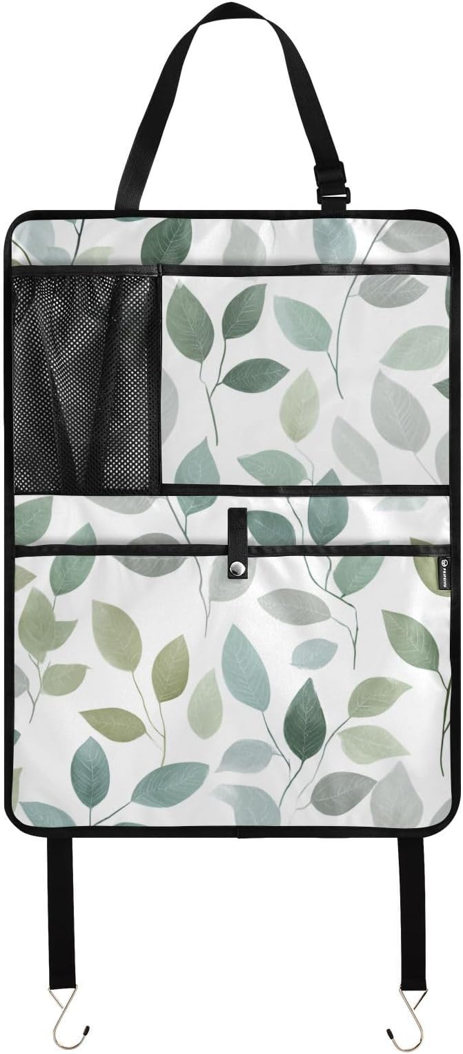 2 Pack Back Seat Car Organizer with Storage Pockets Kick Mats Back Seat Protector Hanging Car Organizer Automotive Seat Back Cover Organizers Fresh Green and Grey Leaves