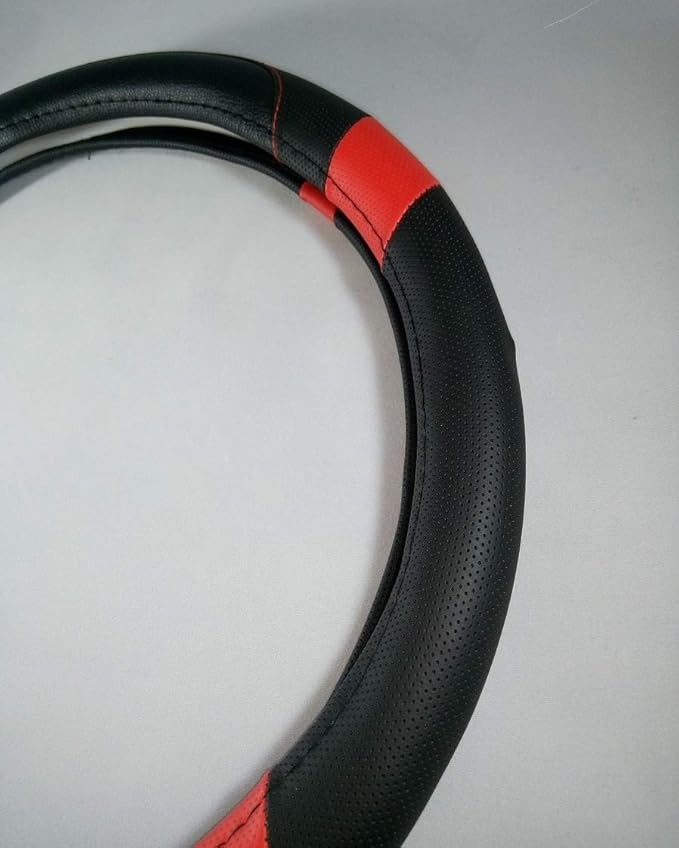 Jdragon Black & Red PU Leather Best Grip Slip-On Steering Wheel Cover 14.25-15" Diameter