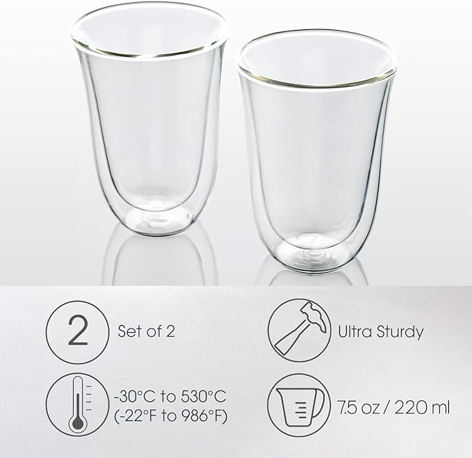 Brod & Taylor Double-Wall Insulated Large Espresso (Latte) Glass Cups (Set of 2, 7.5oz / 220ml)