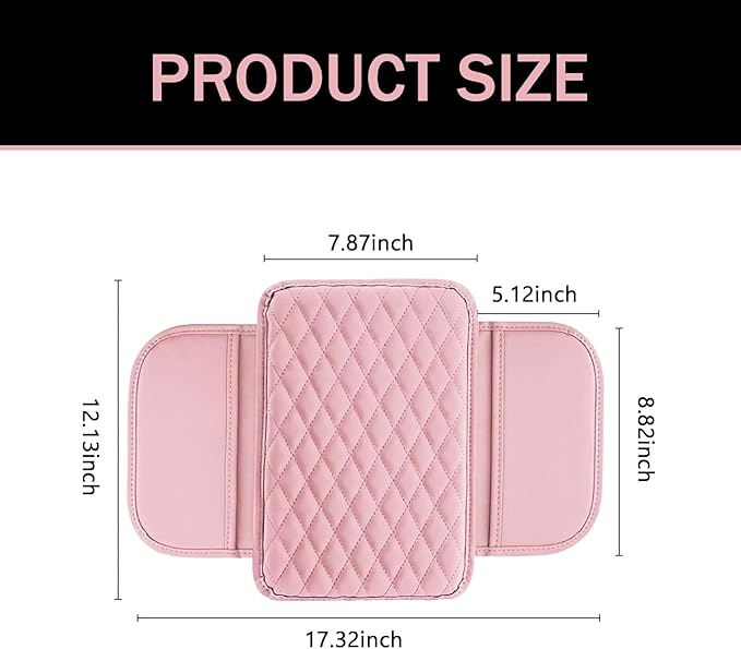 Car Center Console Cover, Leather Armrest Cover Cushion with 2 Storage Bags, Auto Interior Arm Rest Seat Box Pad Accessories, Universal Armrest Organizer for Cars SUVs Truck and More (Pink)