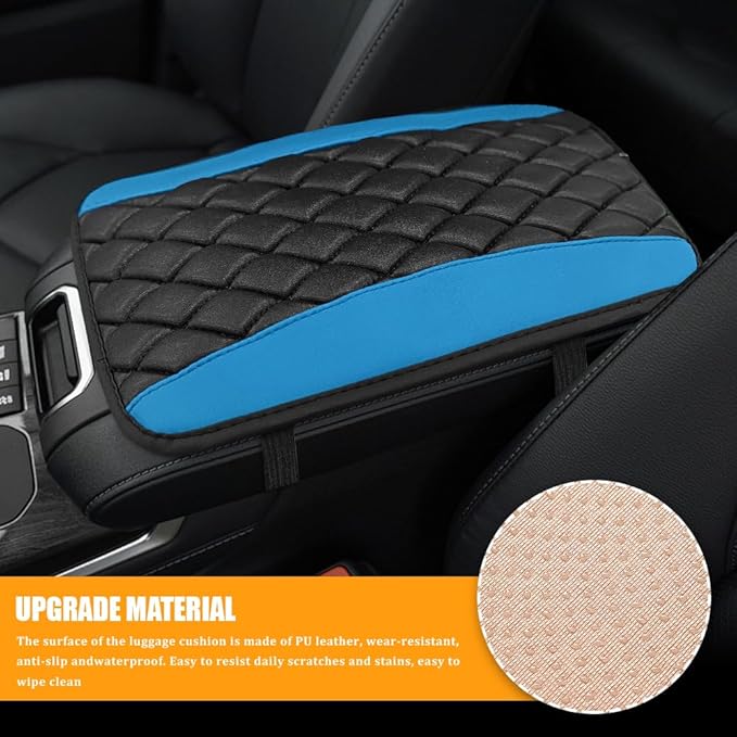 Car Center Console Cover, Leather Waterproof Armrest Seat Box Cushion Pad, Universal Decor Protector Mat, Comfortable Car Decor Accessories Fit for Most Cars, Vehicles, SUVs (Blue)