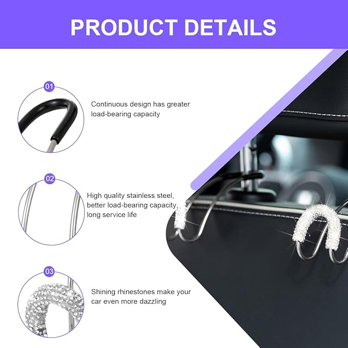 Bling Car Headrest Hook, 2PCS Crystal Rhinestone Vehicle Seat Purse Bag Organizer Hanger, Diamond Automotive Backseat Storage Holder Hook Accessories, Universal for SUV Truck Van (White)