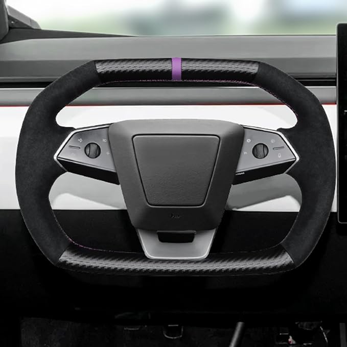 Steering Wheel Cover for Cybertruck Hand Stitching DIY Steering Wheel Cover Black with Dark Purple Center Mark (Upper Lower Carbon Fiber & Alcantara Side Grips)