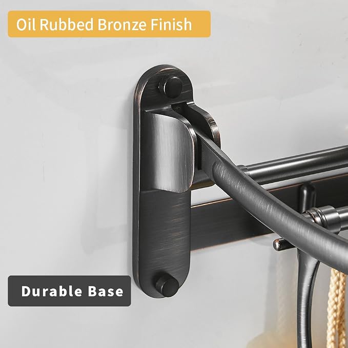 BESy 24 Inch Oil Rubbed Bronze Towel Racks, Bathroom Towel Shelf with Foldable Towel Bar Holder and Towel Hooks, Wall Mounted Multifunctional Bathroom Accessories, Double Towel Bars