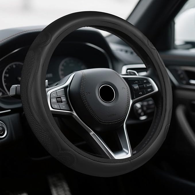 Car Steering Wheel Cover, Steering Wheel Accessories, Breathable Microfiber Leather Auto Wheels Protector, Universal 15 Inch Anti-Slip Protector Car Accessories for SUV Sedan Truck (Black)