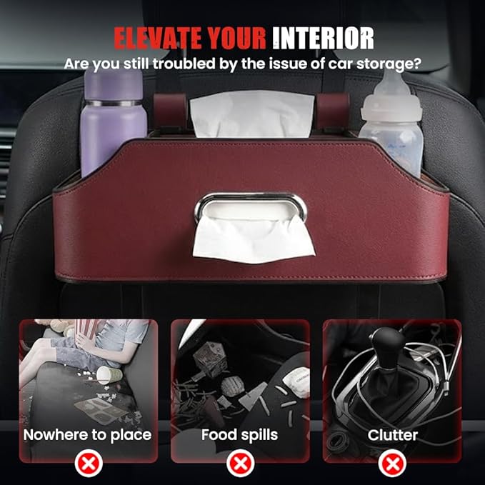 3-in-1 Car Backseat Organizer, 2026 Multifunctional Car Back Seat Storage Organize Box with Cup Holder Tissue Box, for Hold Phones, Snacks, Drinks, Handbags (Brown)