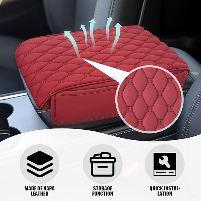 Upgraded Car Center Console Cover, Armrest Cover for Car, Waterproof Leather Auto Armrest Cover Protector with 2 Pocket, Comfortable Arm Rest Box Cushion Pad for Vehicles, Trucks (Wine Red)